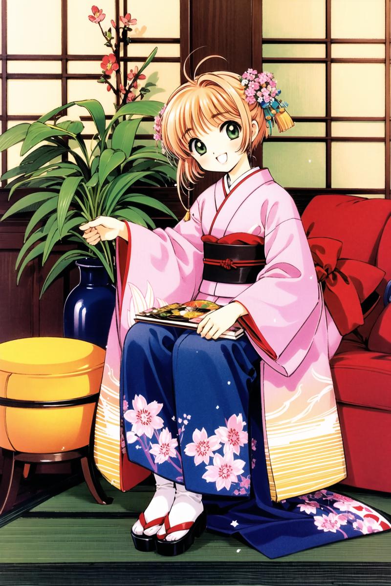 17843-3308427038-kinomoto sakura, 1girl, japanese clothes, seiza, kimono, brown hair, floral print, flower, vase, long sleeves, obi, green eyes,.png